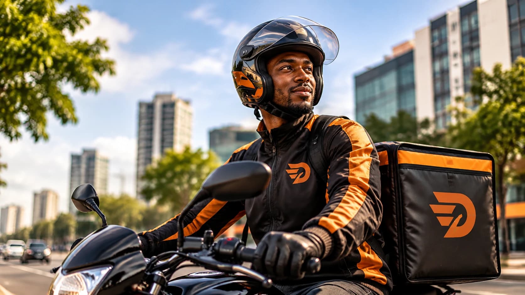 Drille Logistics motorcycle delivery rider ready for dispatch